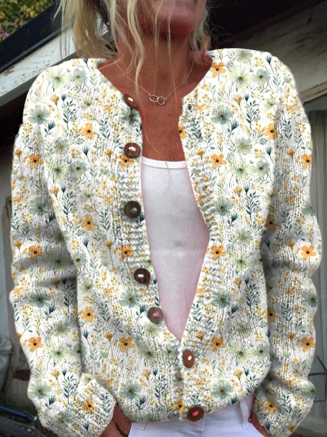 Watercolor French Rose Repeat Pattern Print Buttoned Cardigan Sweater