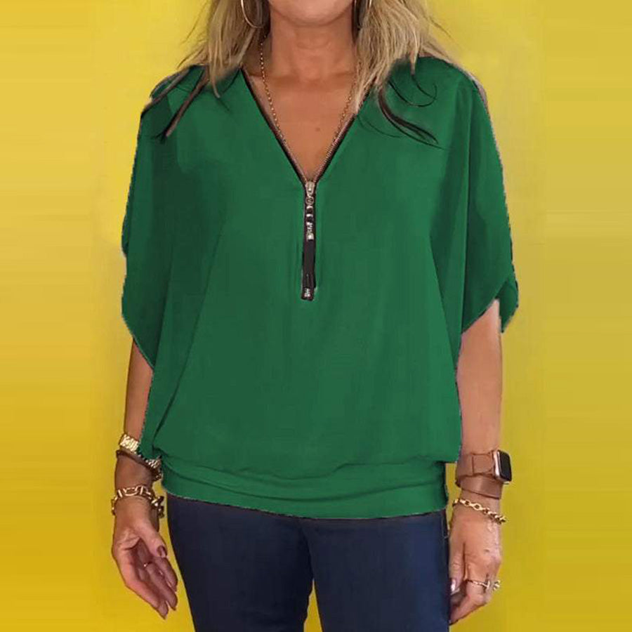 Elisa™ | Chiffon Zip-Up Neck Casual Top