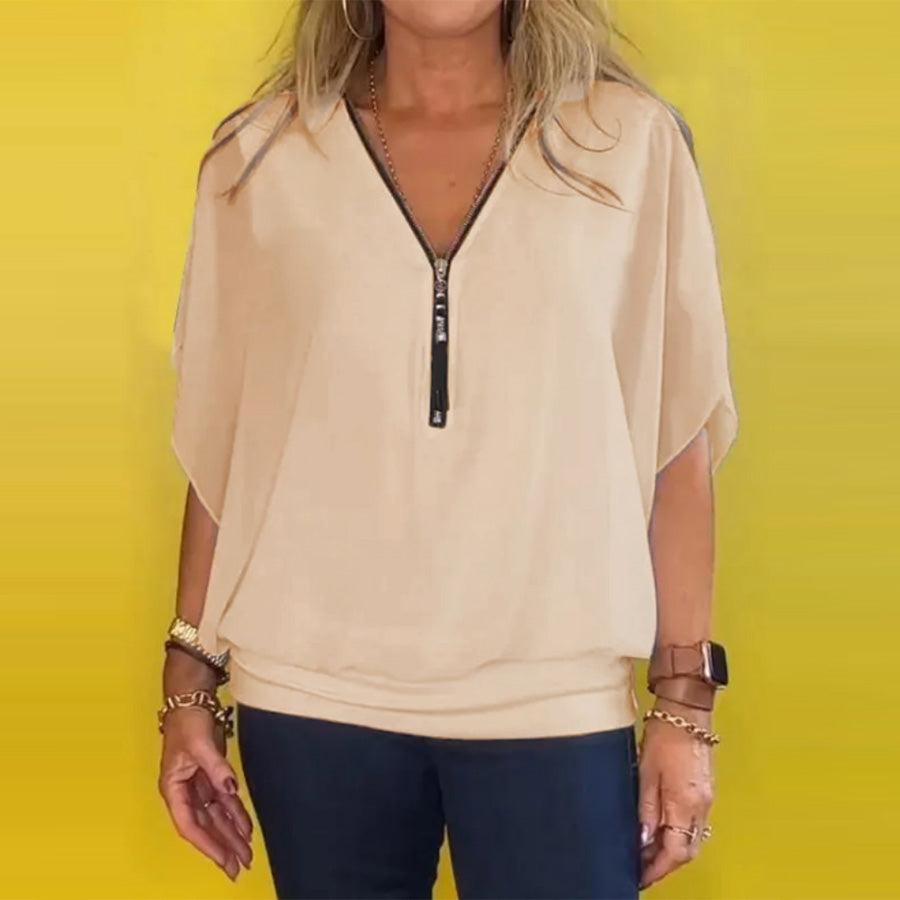 Elisa™ | Chiffon Zip-Up Neck Casual Top