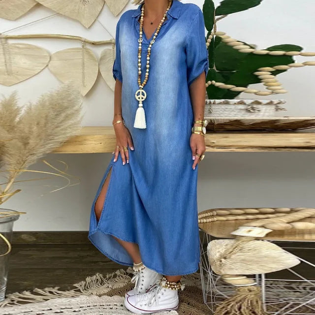 Lea™ | Long Denim-Look Dress with Side Slit