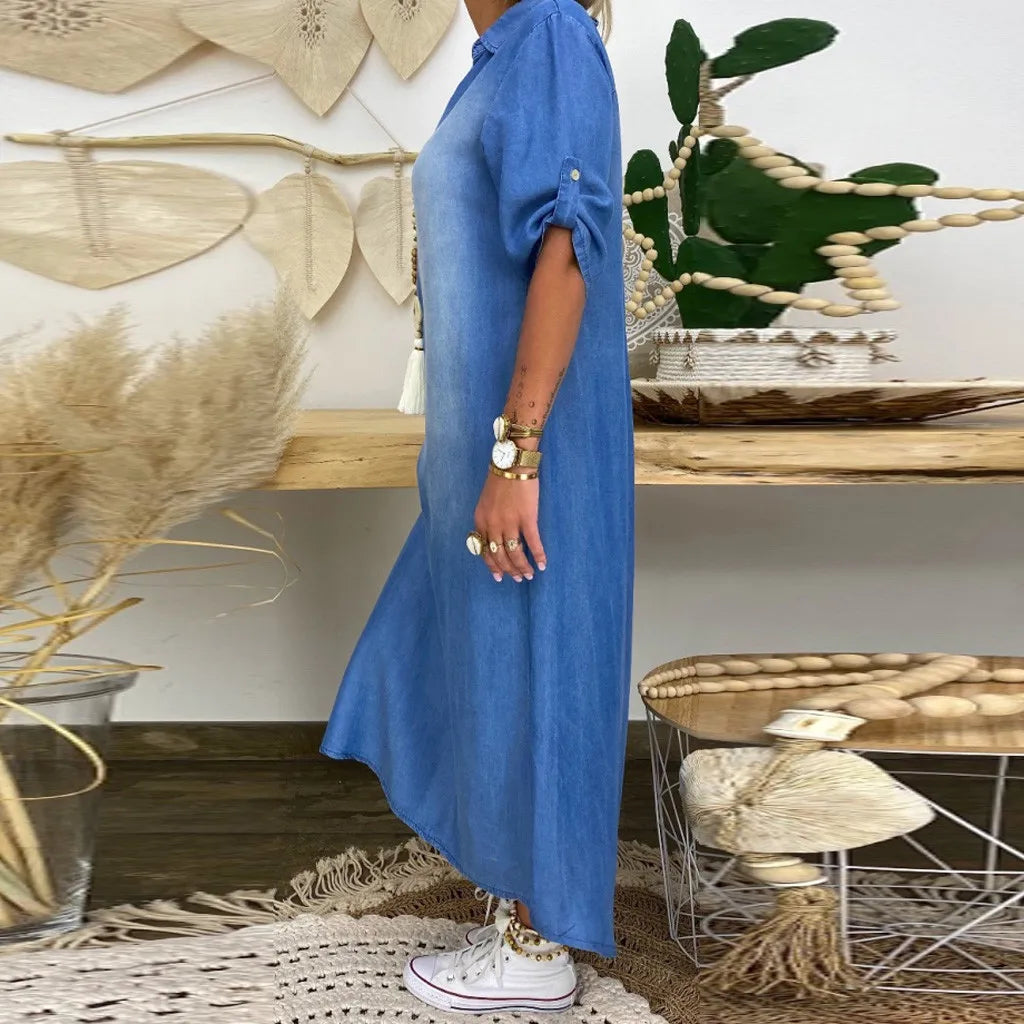 Lea™ | Long Denim-Look Dress with Side Slit