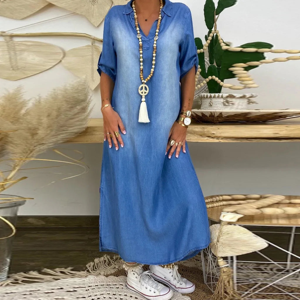 Lea™ | Long Denim-Look Dress with Side Slit
