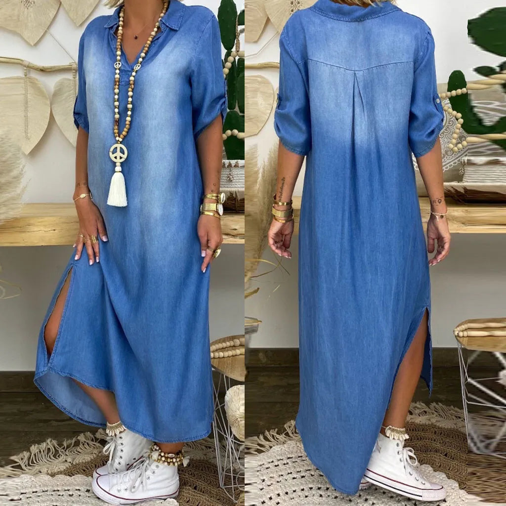 Lea™ | Long Denim-Look Dress with Side Slit