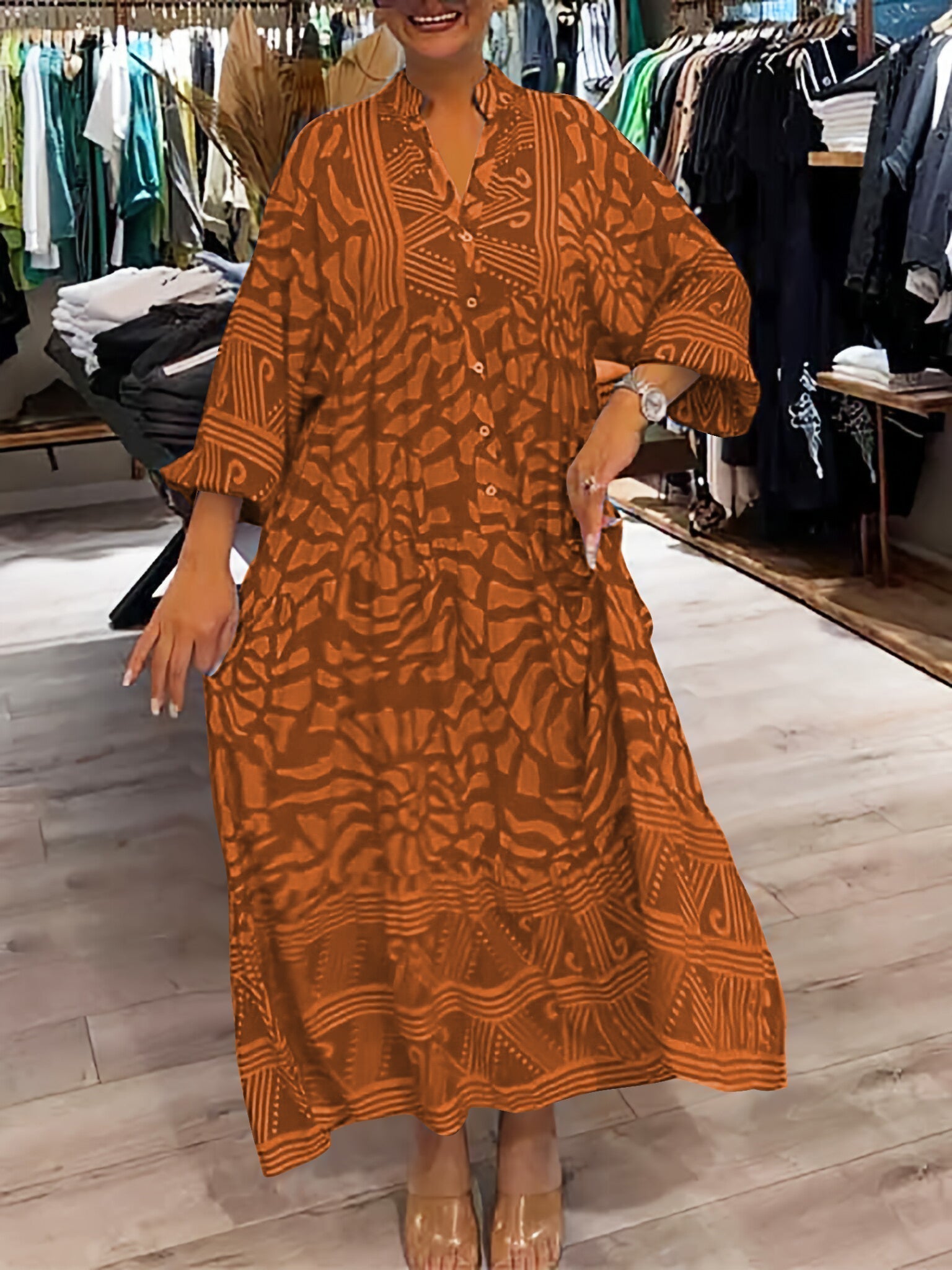 Ilona™ | Elegant V-Neck Printed Dress