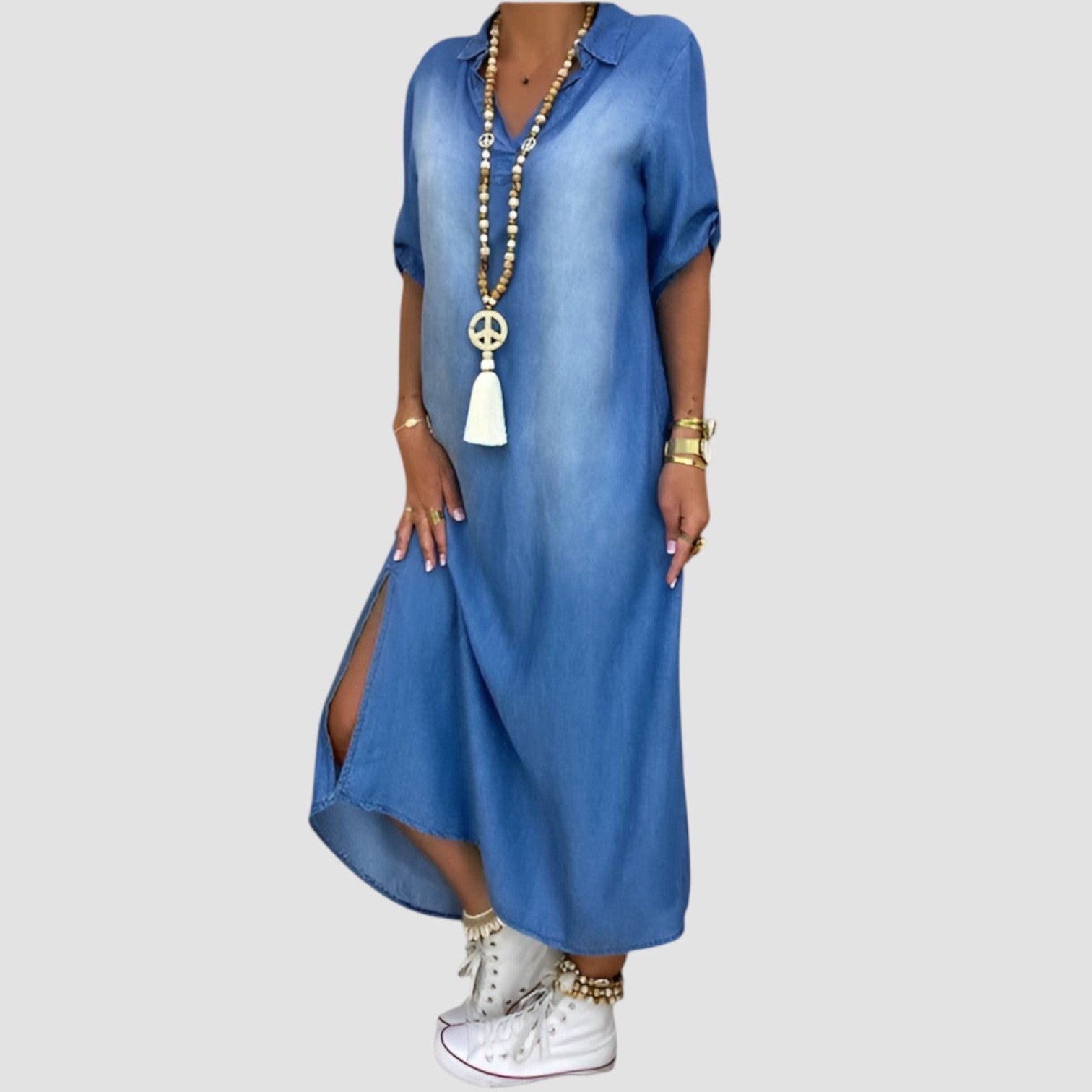 Lea™ | Long Denim-Look Dress with Side Slit