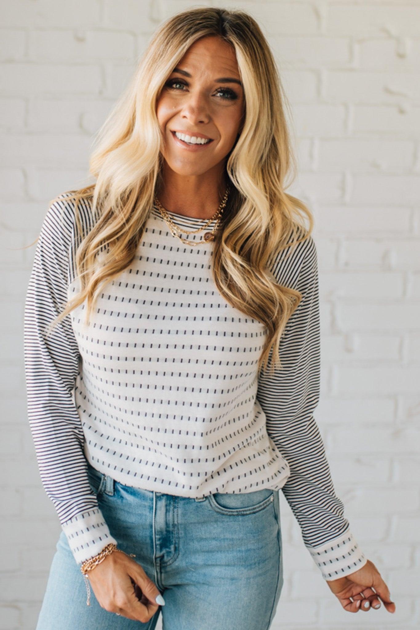 Elara™ | Long Sleeve Mini-Stripe Sweater Top
