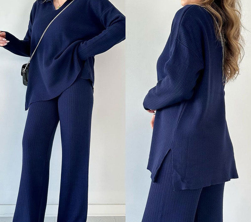 Elodie™ | V-Neck Casual Slit Knitted Two-Piece Set
