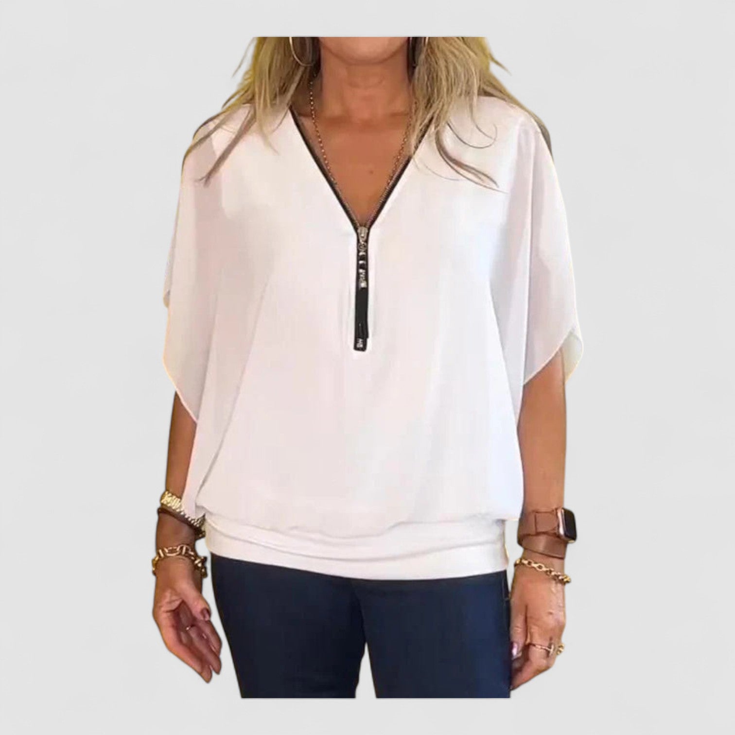 Elisa™ | Chiffon Zip-Up Neck Casual Top