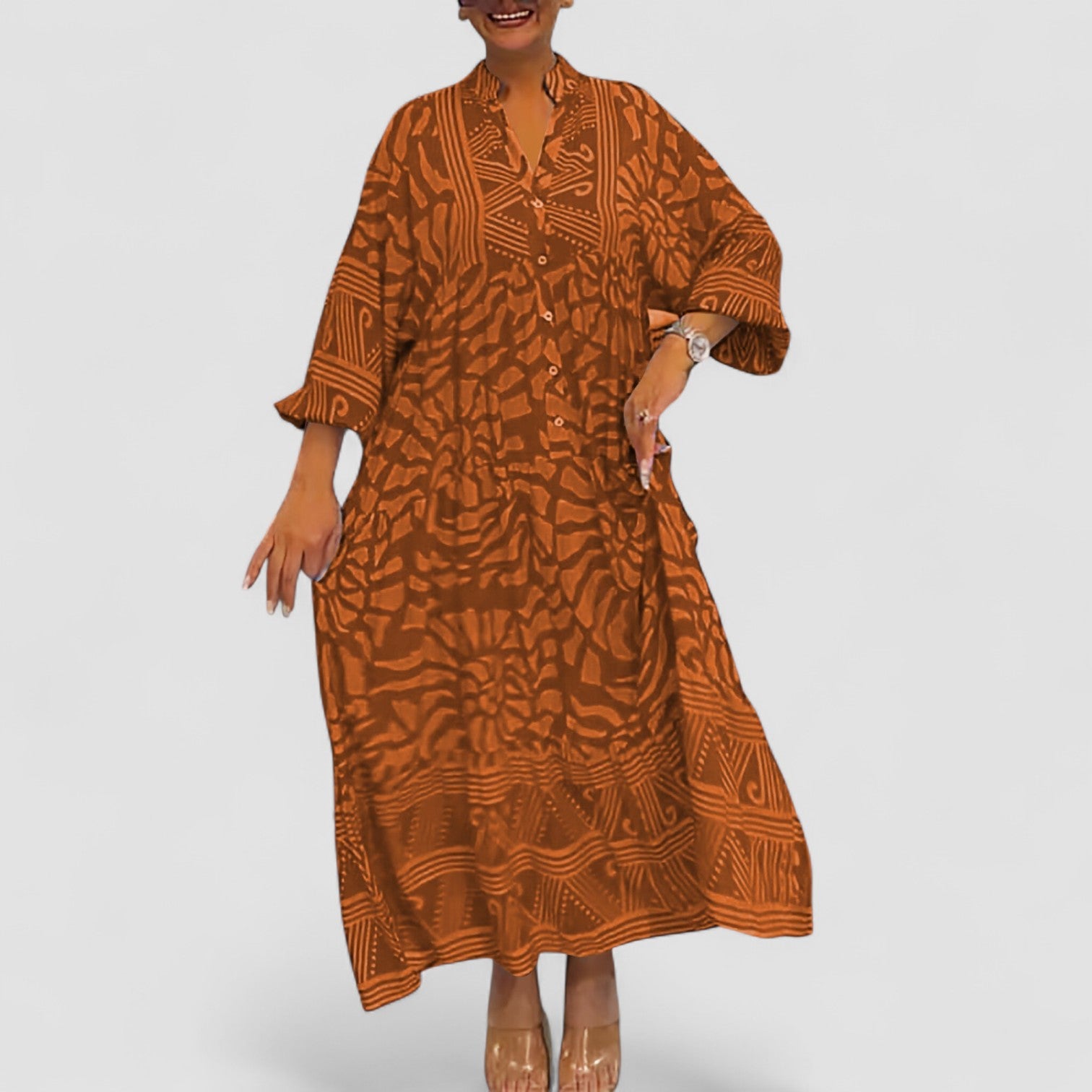 Ilona™ | Elegant V-Neck Printed Dress