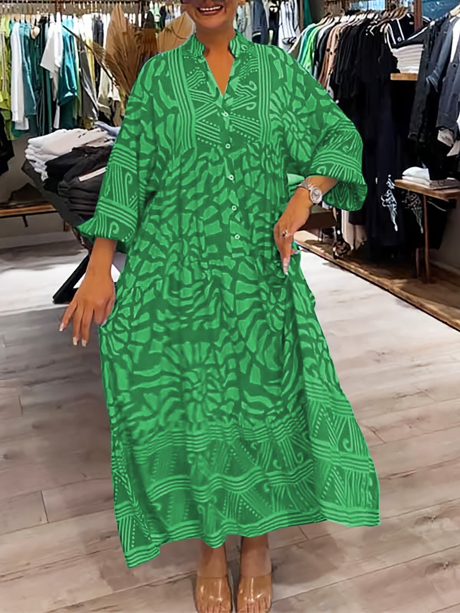 Ilona™ | Elegant V-Neck Printed Dress