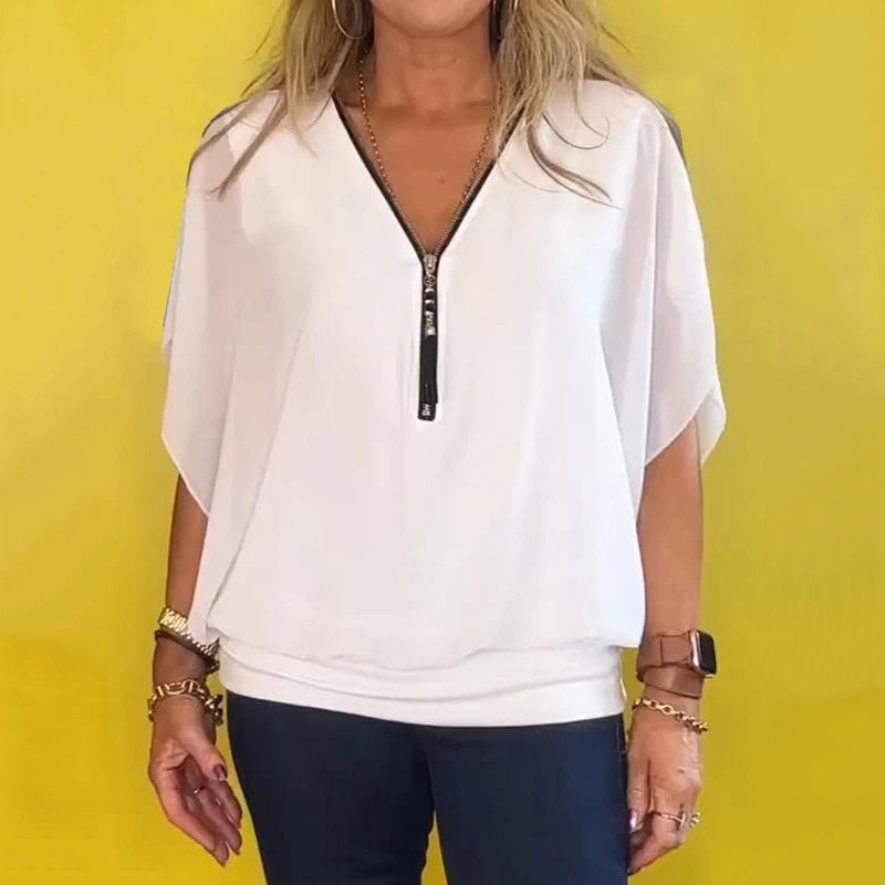 Elisa™ | Chiffon Zip-Up Neck Casual Top